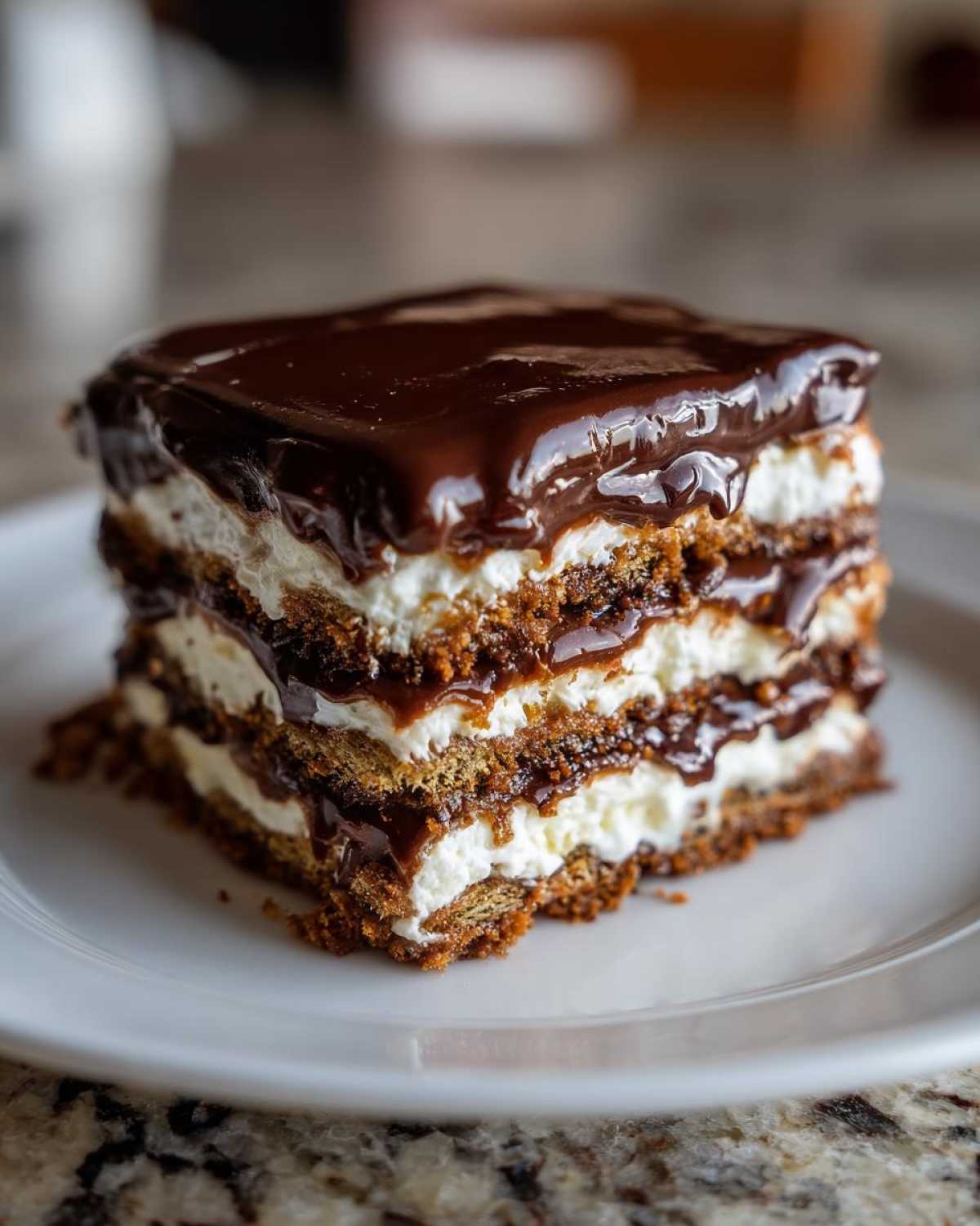 A close-up of a layered slice of No-Bake Chocolate Eclair Cake featuring graham crackers, cream filling, and thick chocolate glaze.