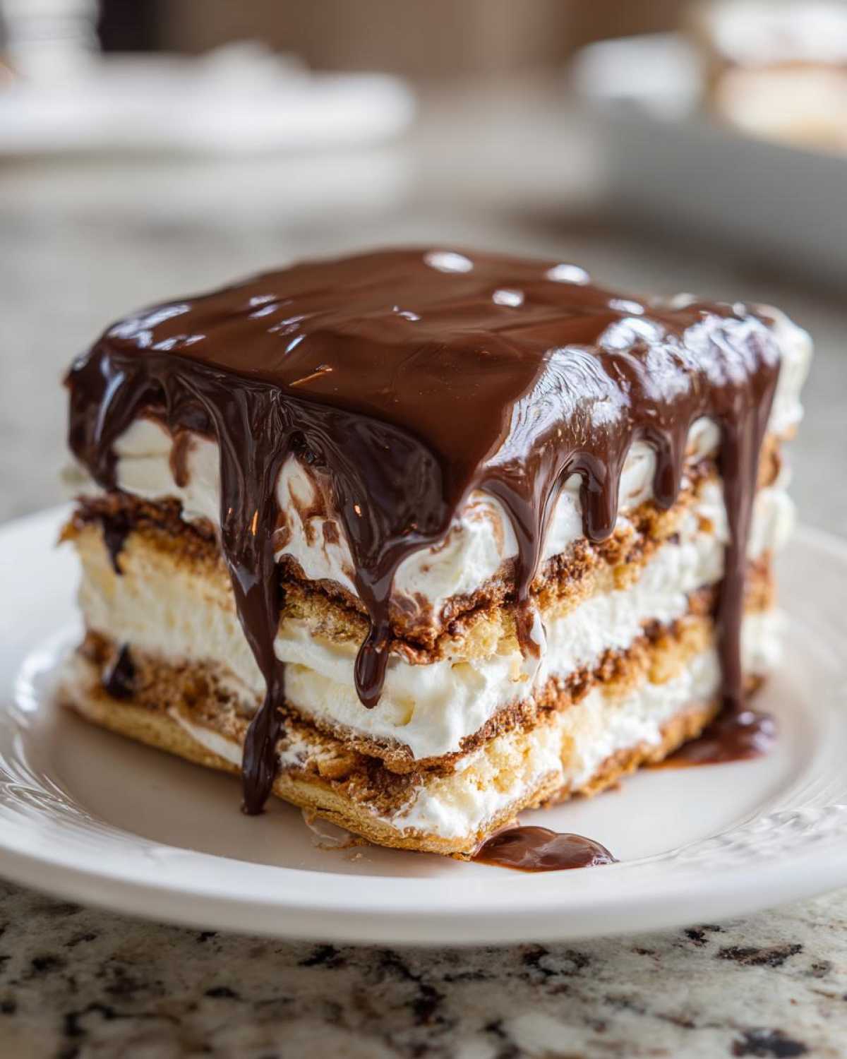 A decadent slice of No-Bake Chocolate Eclair Cake layered with cream and topped with dripping chocolate glaze.