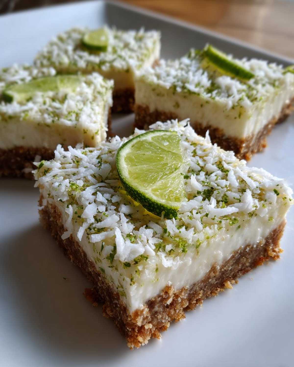 Close-up of four squares of No-Bake Coconut Lime Bars topped with shredded coconut and lime slices.