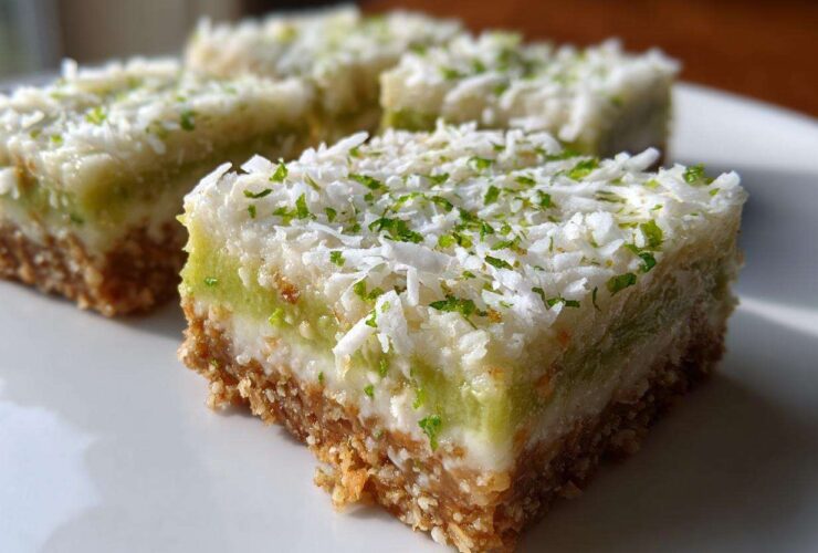 A close-up of a square No-Bake Coconut Lime Bars piece showing the graham cracker crust and coconut topping.