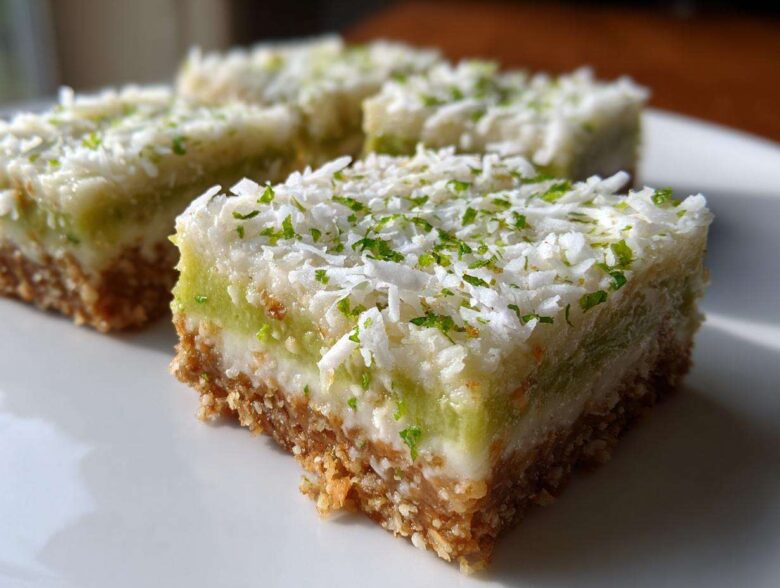 A close-up of a square No-Bake Coconut Lime Bars piece showing the graham cracker crust and coconut topping.