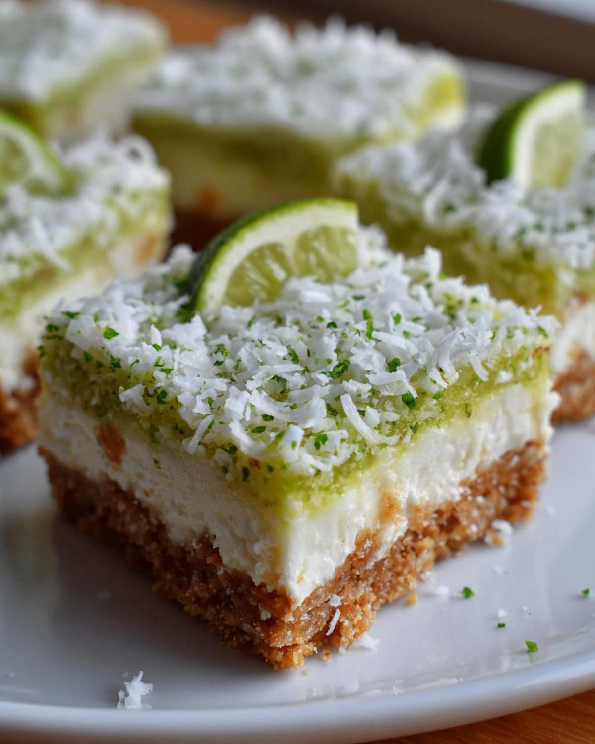 A close-up of a layered No-Bake Coconut Lime Bars slice topped with shredded coconut and a lime wedge.