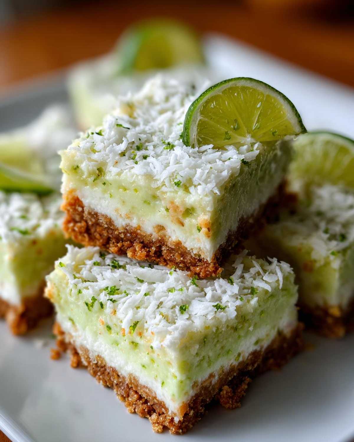 Stack of No-Bake Coconut Lime Bars topped with shredded coconut and a fresh lime slice.