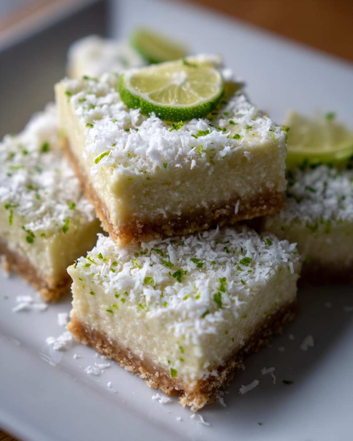 Close-up of stacked No-Bake Coconut Lime Bars topped with shredded coconut and lime zest.