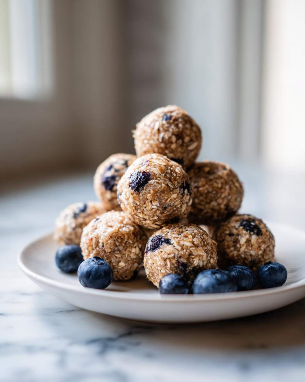 A stack of No-Bake Lemon Blueberry Energy Bites made with oats and visible blueberries, resting on a white plate.