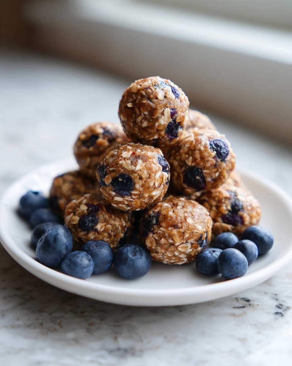 A stack of No-Bake Lemon Blueberry Energy Bites on a white plate surrounded by fresh blueberries.