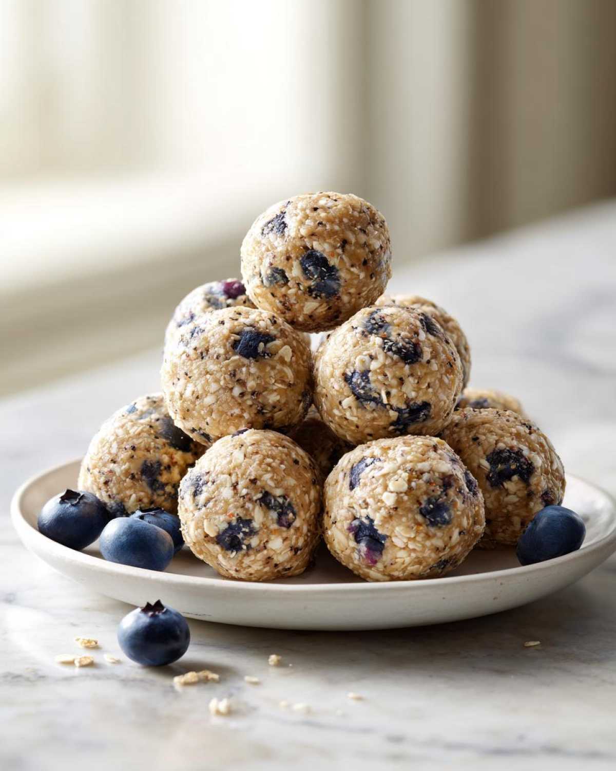 A pyramid stack of No-Bake Lemon Blueberry Energy Bites made with oats and visible blueberries on a small white plate.
