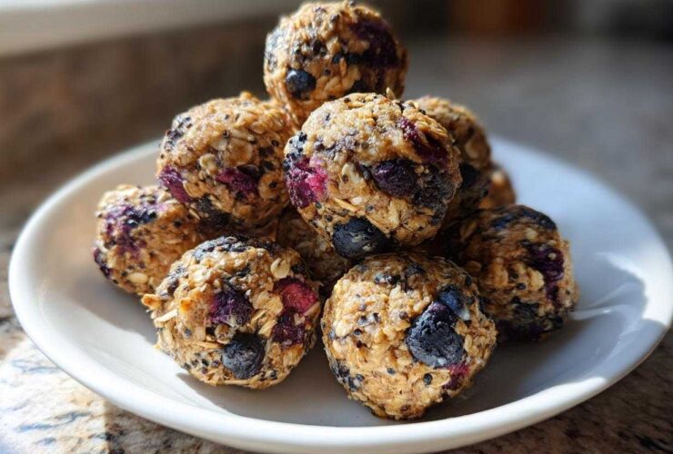 A stack of No-Bake Lemon Blueberry Energy Bites made with oats and visible blueberries on a white plate.