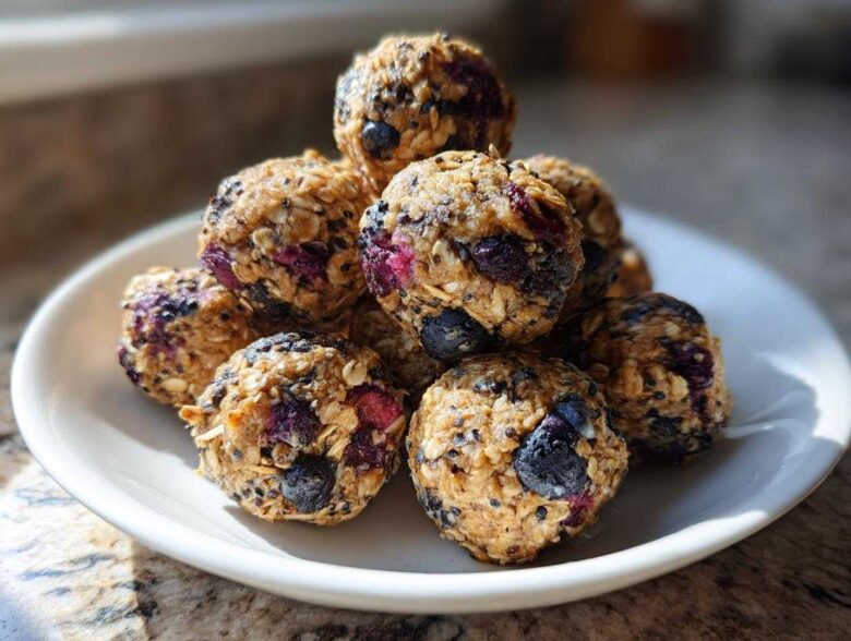 A stack of No-Bake Lemon Blueberry Energy Bites made with oats and visible blueberries on a white plate.