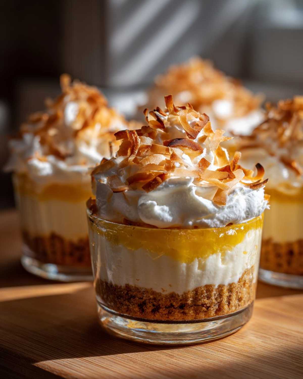 Close-up of layered No-Bake Lemon Coconut Cream Pie Cups topped with whipped cream and toasted coconut.