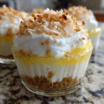 Close-up of a No-Bake Lemon Coconut Cream Pie Cup with layers of crust, cream, lemon, and toasted coconut topping.