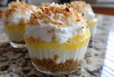 Close-up of a No-Bake Lemon Coconut Cream Pie Cup with layers of crust, cream, lemon, and toasted coconut topping.