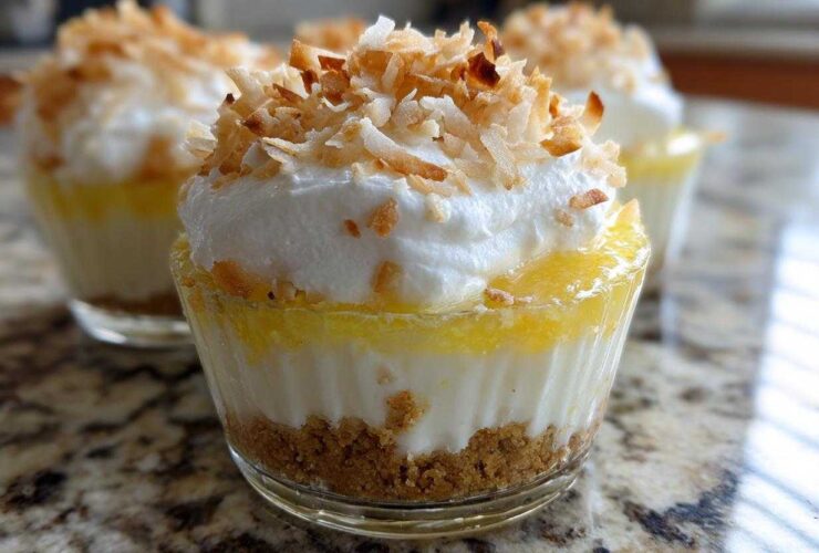 Close-up of a No-Bake Lemon Coconut Cream Pie Cup with layers of crust, cream, lemon, and toasted coconut topping.
