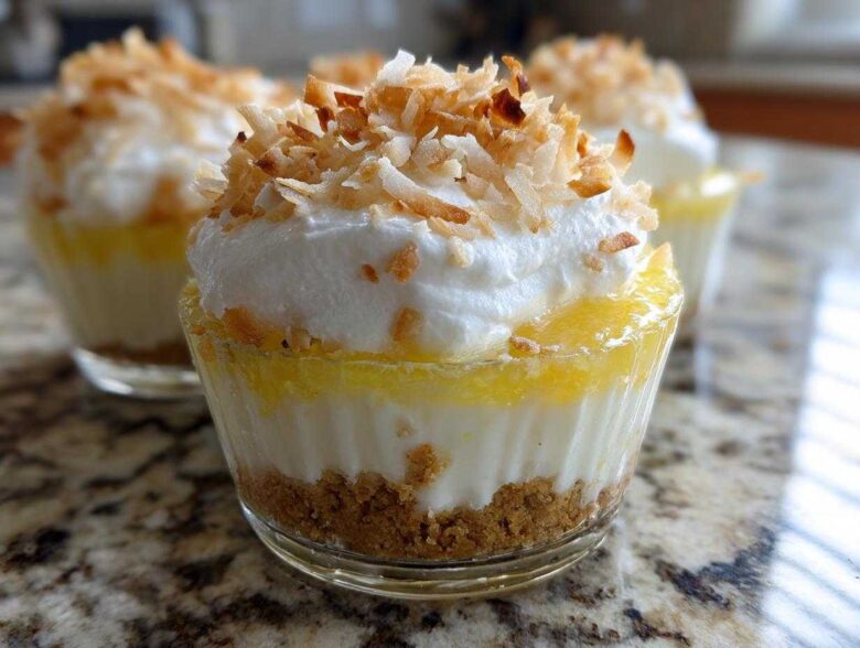 Close-up of a No-Bake Lemon Coconut Cream Pie Cup with layers of crust, cream, lemon, and toasted coconut topping.