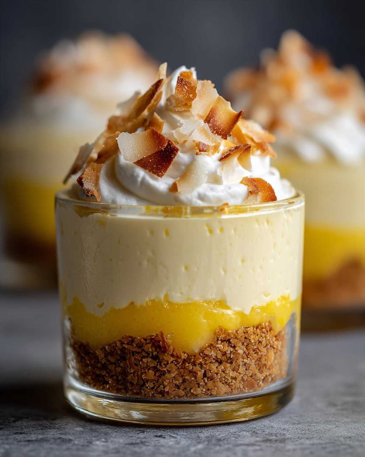 A close-up of one of the No-Bake Lemon Coconut Cream Pie Cups, layered with crust, lemon filling, cream, and toasted coconut.