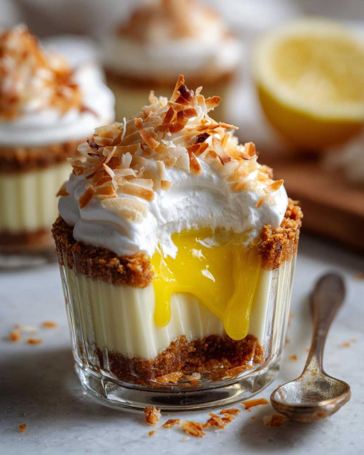 A close-up of a No-Bake Lemon Coconut Cream Pie Cup showing lemon curd dripping over the cream filling and topped with toasted coconut.