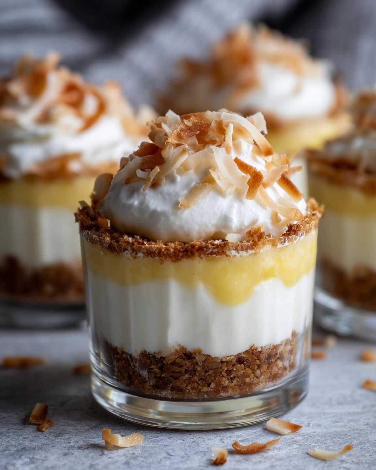 Close-up of a No-Bake Lemon Coconut Cream Pie Cups layered dessert in a glass with whipped cream and toasted coconut.