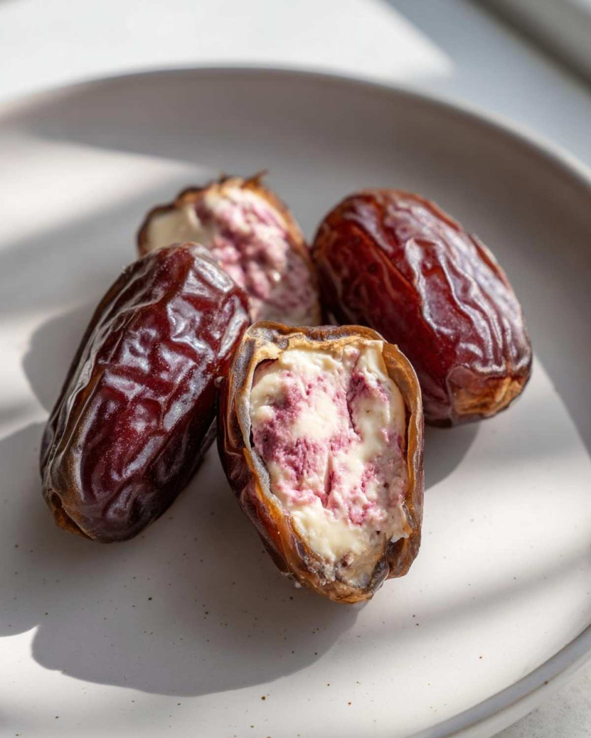 Close-up of No-Bake Strawberry Cheesecake Stuffed Dates on a plate, showing the creamy pink and white filling.