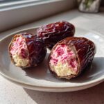 Three No-Bake Strawberry Cheesecake Stuffed Dates on a plate, showing the creamy filling inside the dates.