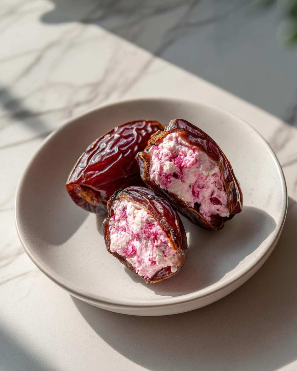 Three No-Bake Strawberry Cheesecake Stuffed Dates, two of which are sliced open showing the pink and white filling, served on a light gray plate.