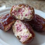 Close-up of No-Bake Strawberry Cheesecake Stuffed Dates cut open, revealing creamy filling with pink strawberry pieces.