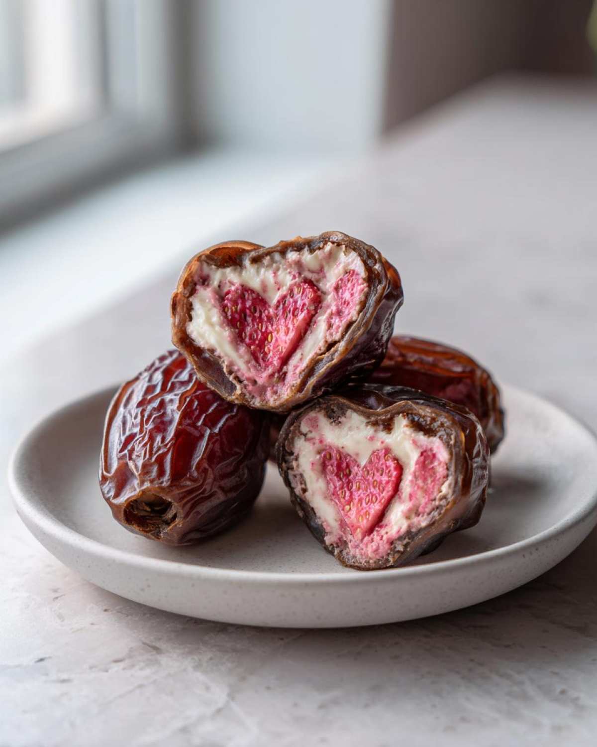 Close-up of No-Bake Strawberry Cheesecake Stuffed Dates, one cut open revealing a heart-shaped strawberry piece inside the cream filling.