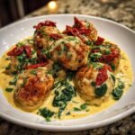 Close-up of One-Pan Creamy Garlic Butter Chicken Meatballs served in a rich yellow sauce with spinach and sun-dried tomatoes.
