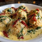 Close-up of One-Pan Creamy Garlic Butter Chicken Meatballs covered in a rich, creamy sauce with spinach and sun-dried tomatoes.