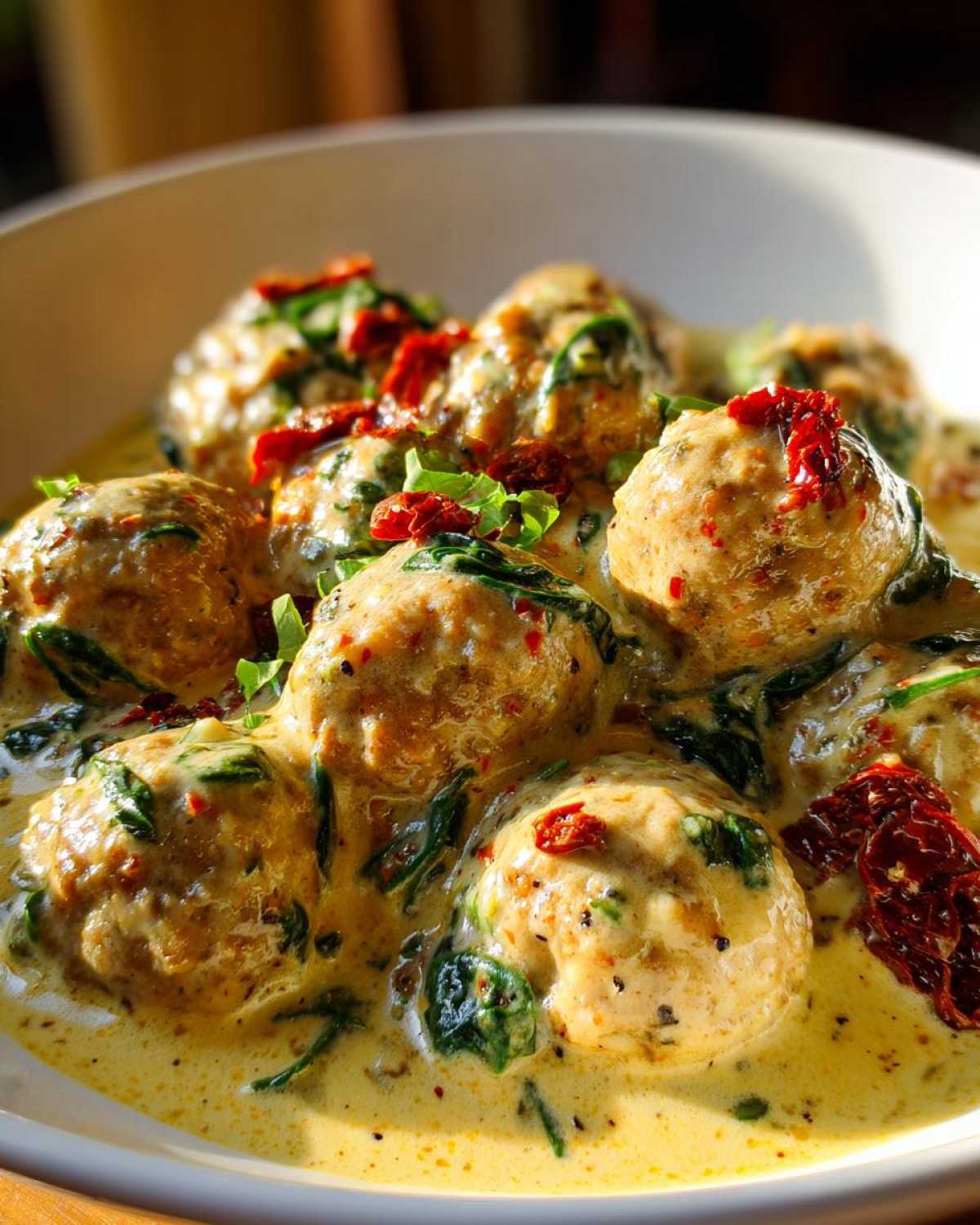 Close-up of One-Pan Creamy Garlic Butter Chicken Meatballs swimming in a rich, yellow cream sauce with spinach and sun-dried tomatoes.