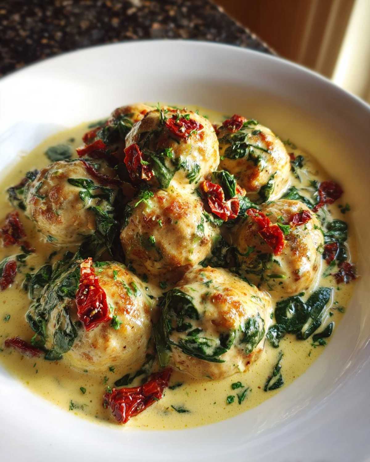 Close-up of One-Pan Creamy Garlic Butter Chicken Meatballs served in a creamy sauce with spinach and sun-dried tomatoes.