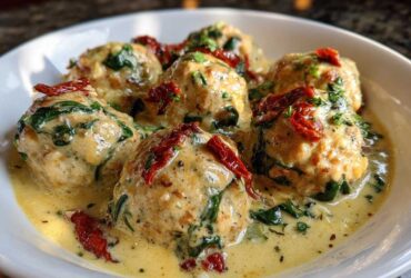 Close-up of One-Pan Creamy Garlic Butter Chicken Meatballs covered in a rich, creamy sauce with spinach and sun-dried tomatoes.
