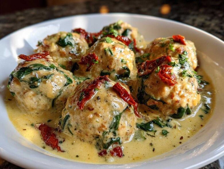 Close-up of One-Pan Creamy Garlic Butter Chicken Meatballs covered in a rich, creamy sauce with spinach and sun-dried tomatoes.