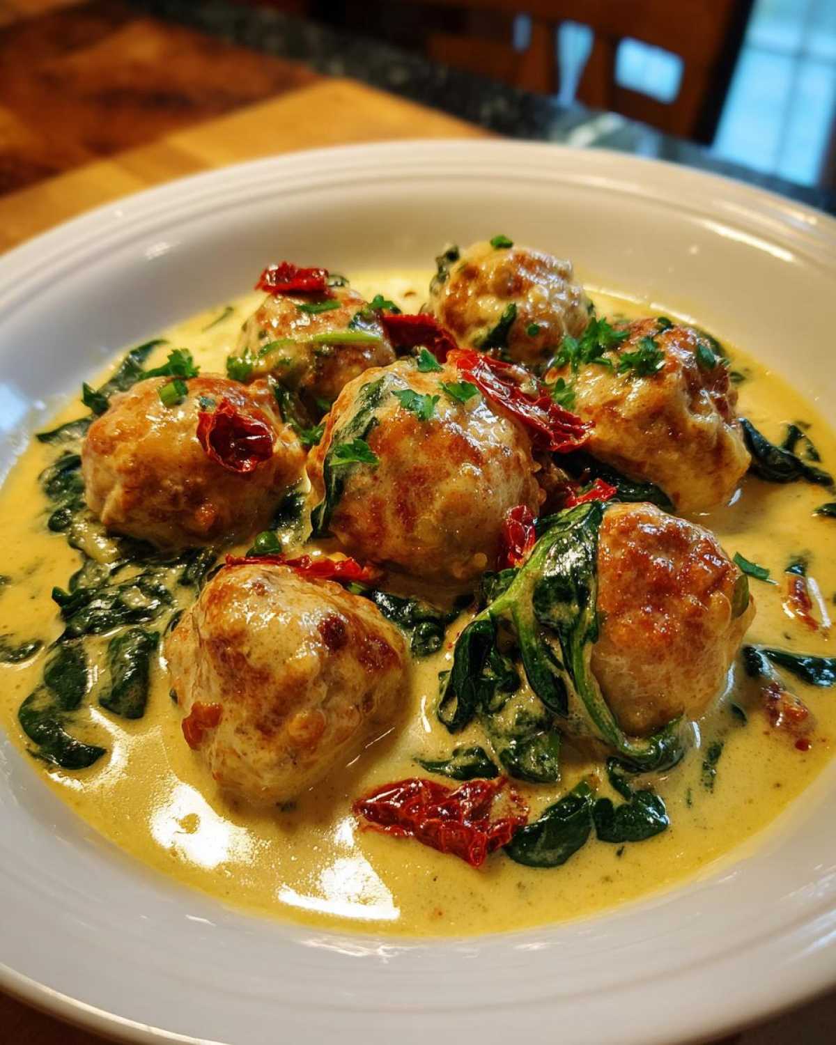 Close-up of One-Pan Creamy Garlic Butter Chicken Meatballs served in a rich yellow sauce with spinach and sun-dried tomatoes.