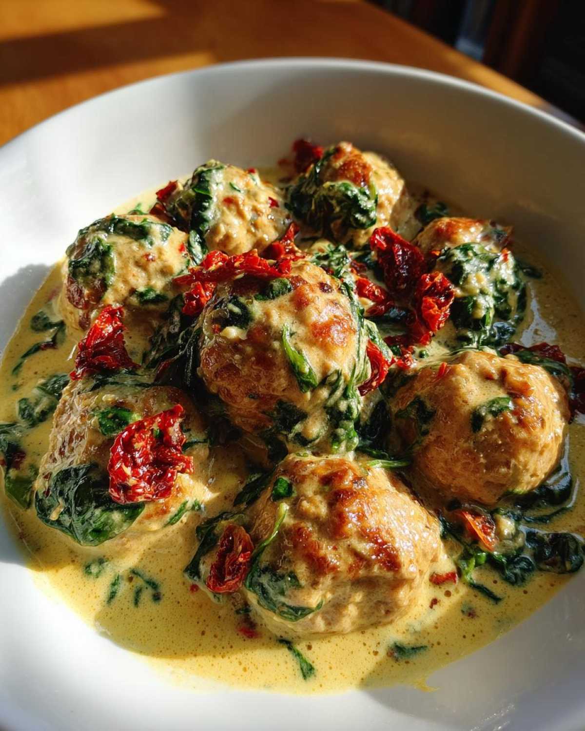 Close-up of One-Pan Creamy Garlic Butter Chicken Meatballs served in a white bowl with spinach and sun-dried tomatoes.