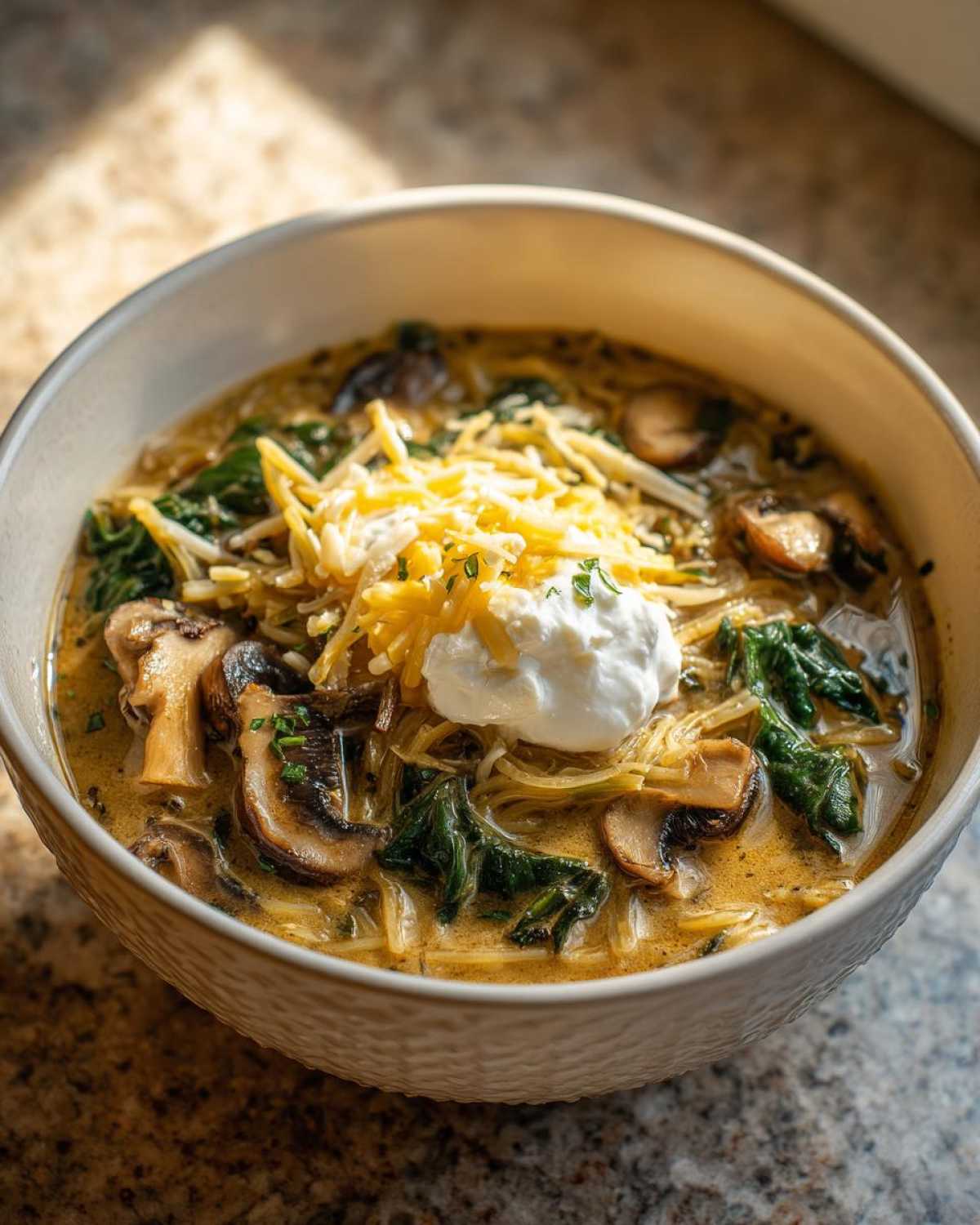 A close-up of One-Pot Creamy Spinach Mushroom Lasagna Soup topped with shredded cheese and sour cream.