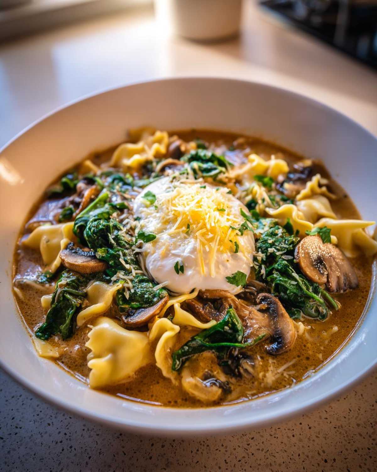 A close-up of One-Pot Creamy Spinach Mushroom Lasagna Soup topped with a dollop of cream and shredded cheese.