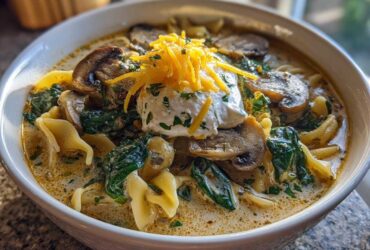 A close-up of One-Pot Creamy Spinach Mushroom Lasagna Soup topped with sour cream, shredded cheese, and mushrooms.