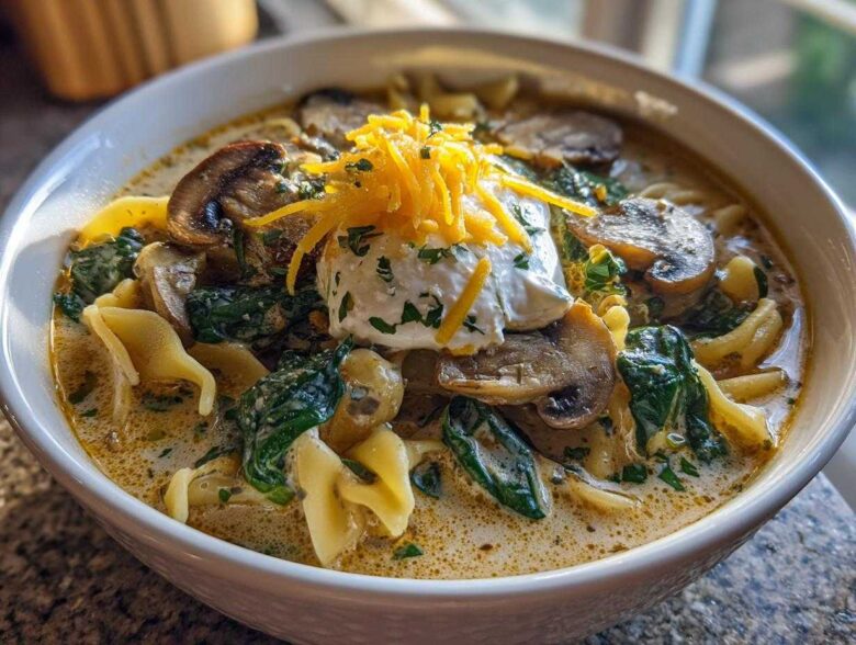A close-up of One-Pot Creamy Spinach Mushroom Lasagna Soup topped with sour cream, shredded cheese, and mushrooms.