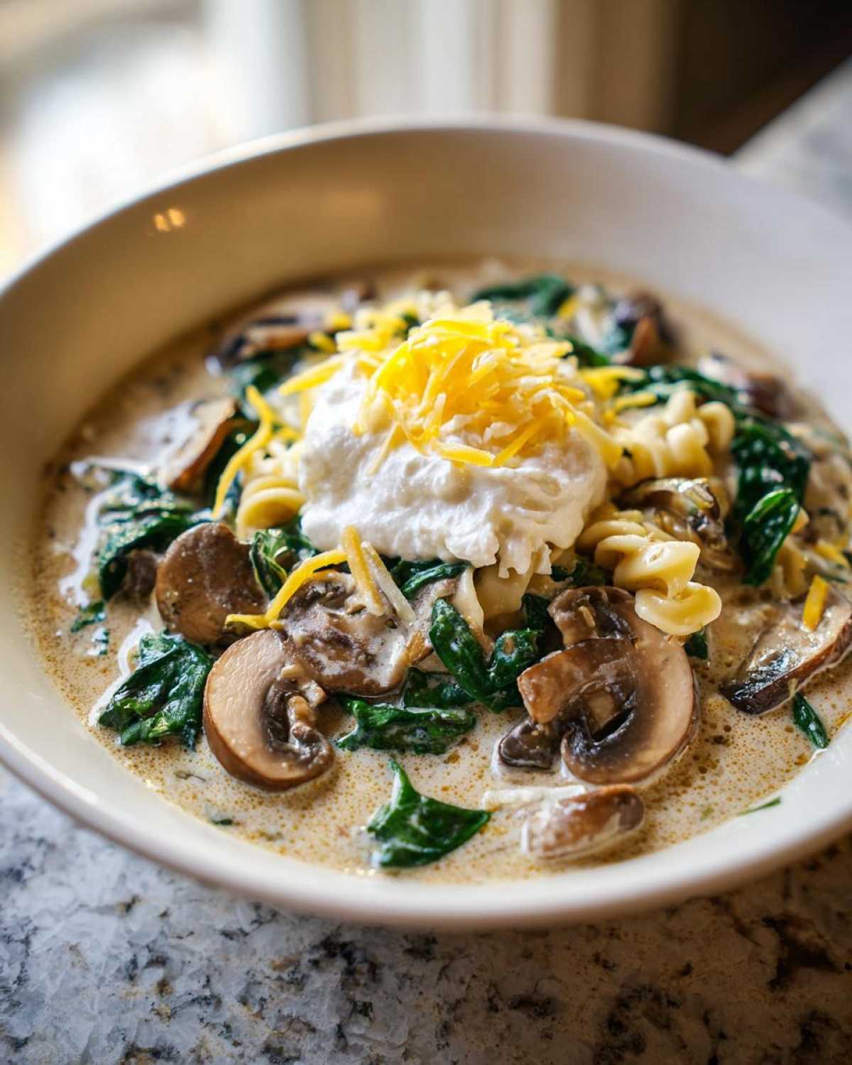 A close-up of One-Pot Creamy Spinach Mushroom Lasagna Soup topped with ricotta and shredded cheese.