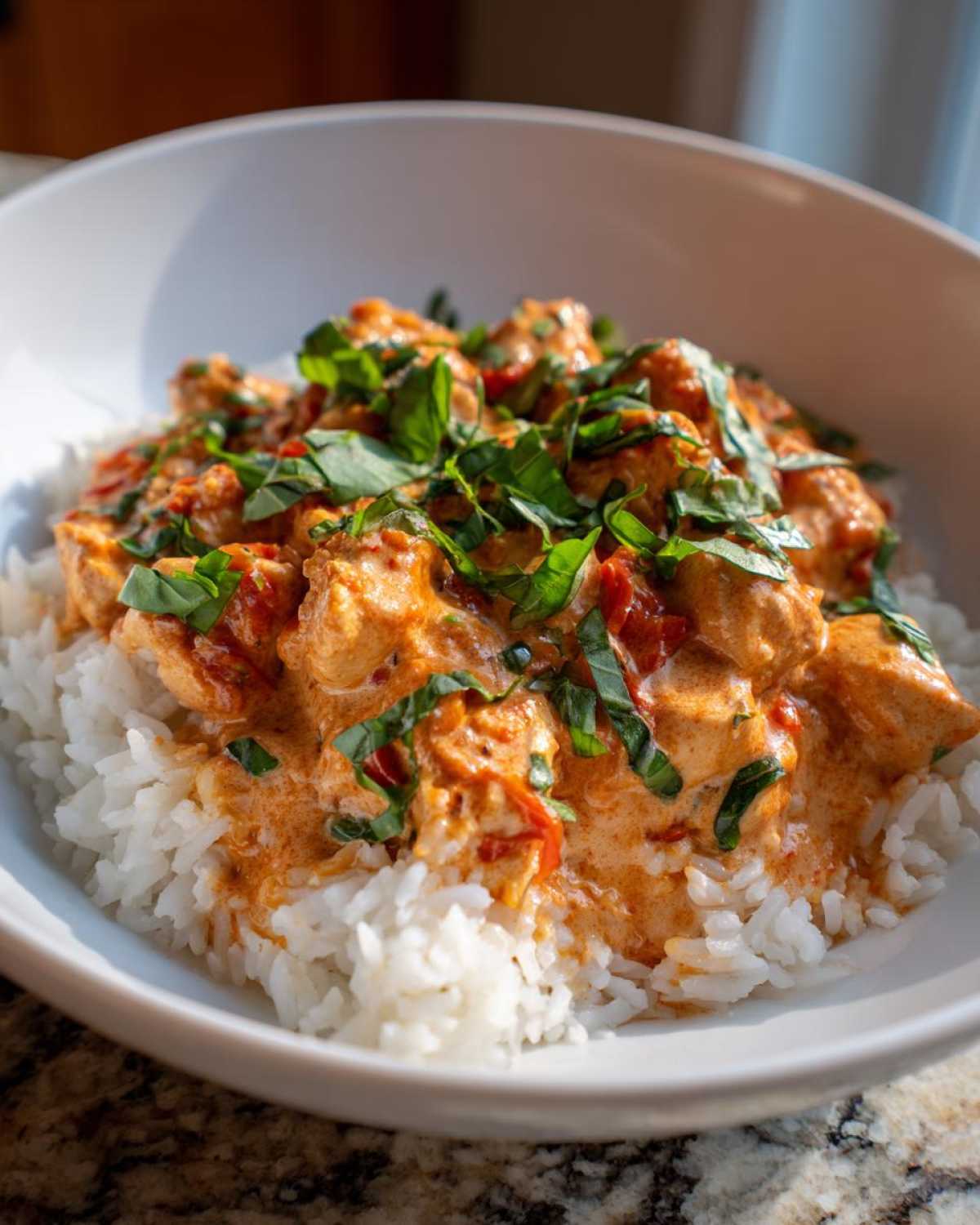 Close-up of One-Pot Creamy Tomato Basil Chicken and Rice served over white rice, topped with fresh basil.