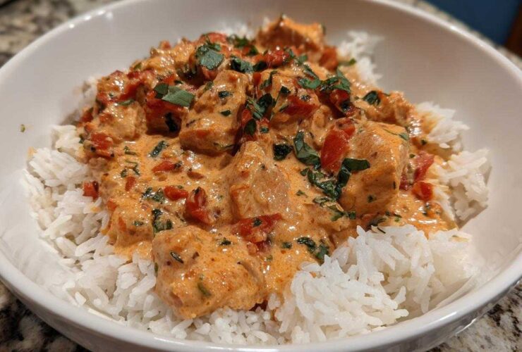 A close-up of One-Pot Creamy Tomato Basil Chicken and Rice served over fluffy white rice in a white bowl.