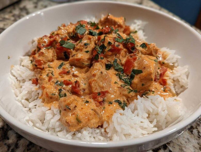A close-up of One-Pot Creamy Tomato Basil Chicken and Rice served over fluffy white rice in a white bowl.