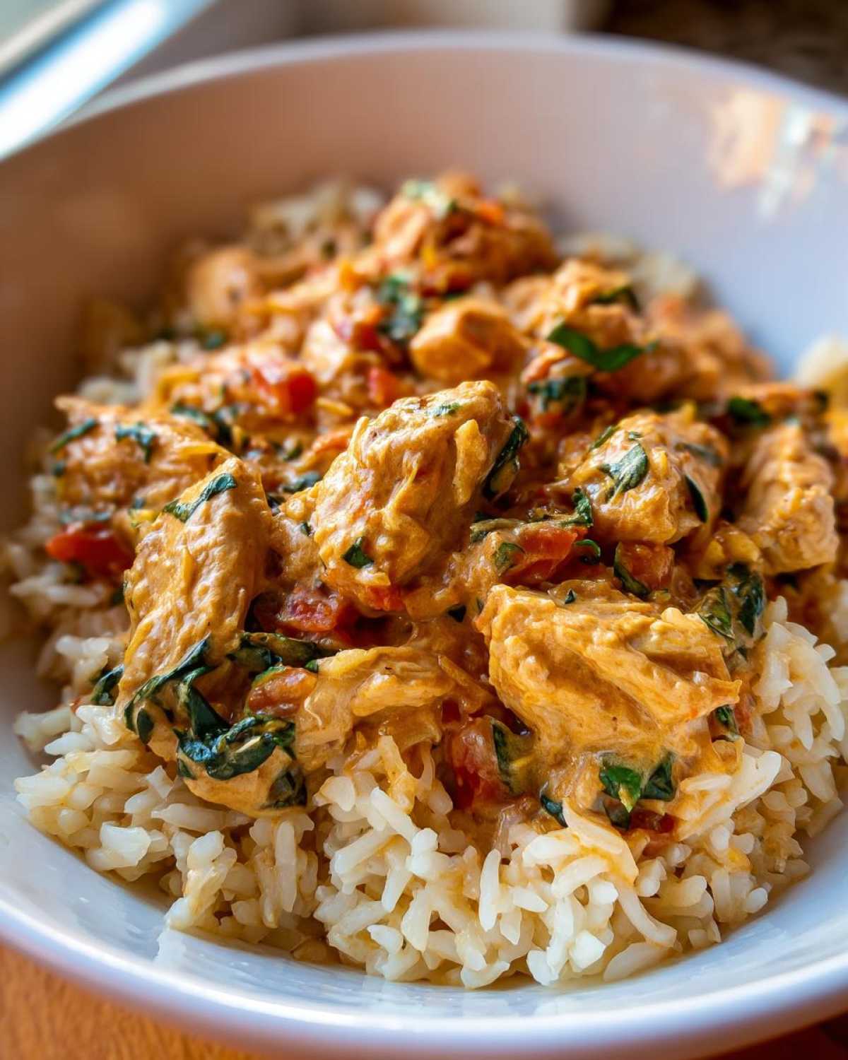 Close-up of One-Pot Creamy Tomato Basil Chicken and Rice served over white rice in a bowl.