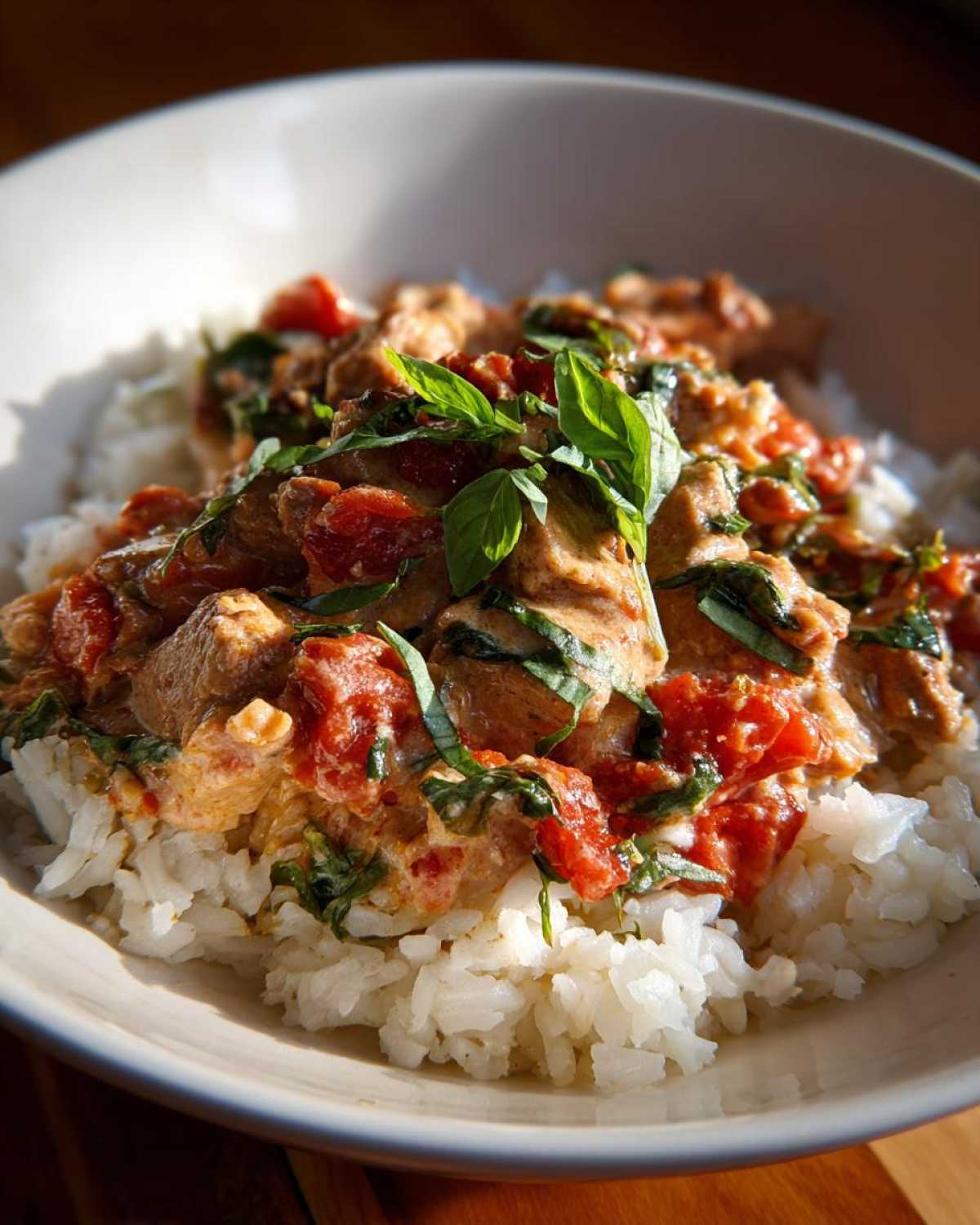 A close-up of One-Pot Creamy Tomato Basil Chicken and Rice served over white rice, garnished with fresh basil.
