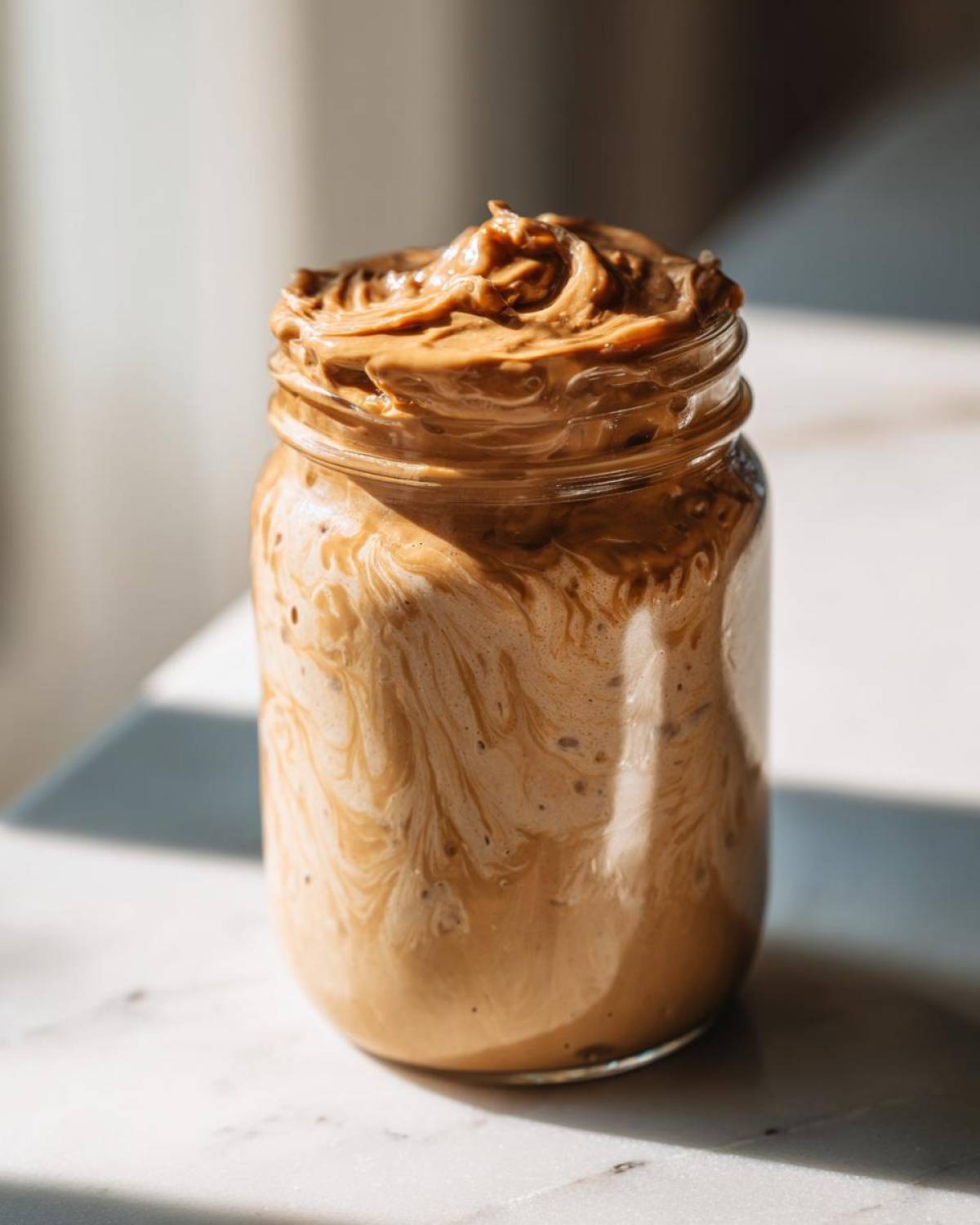A glass jar filled with creamy Vegan Peanut Butter Banana Overnight Oats mixture, showing swirls of peanut butter.