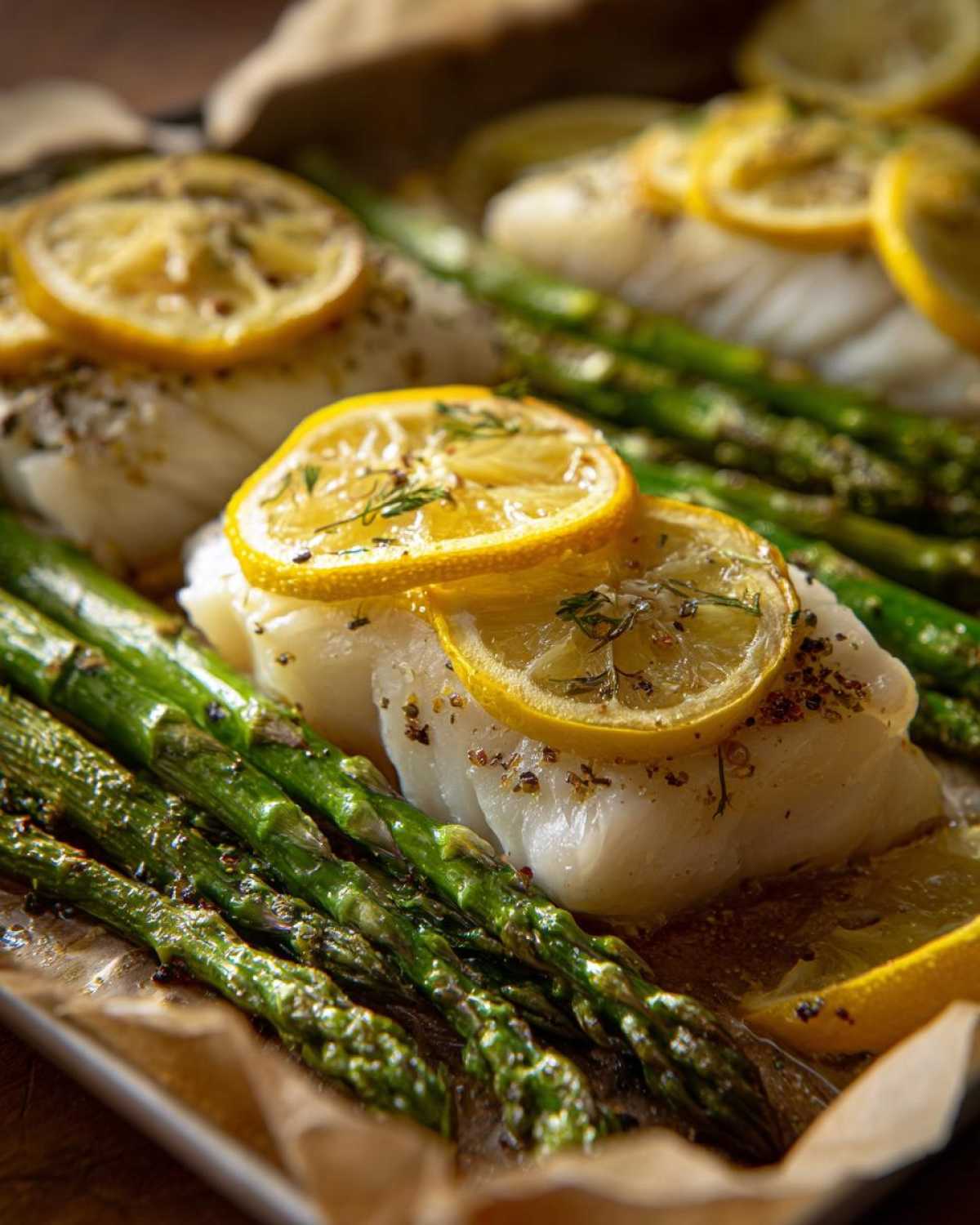 Close-up of flaky Sheet Pan Lemon Herb Cod with Asparagus topped with lemon slices and herbs.