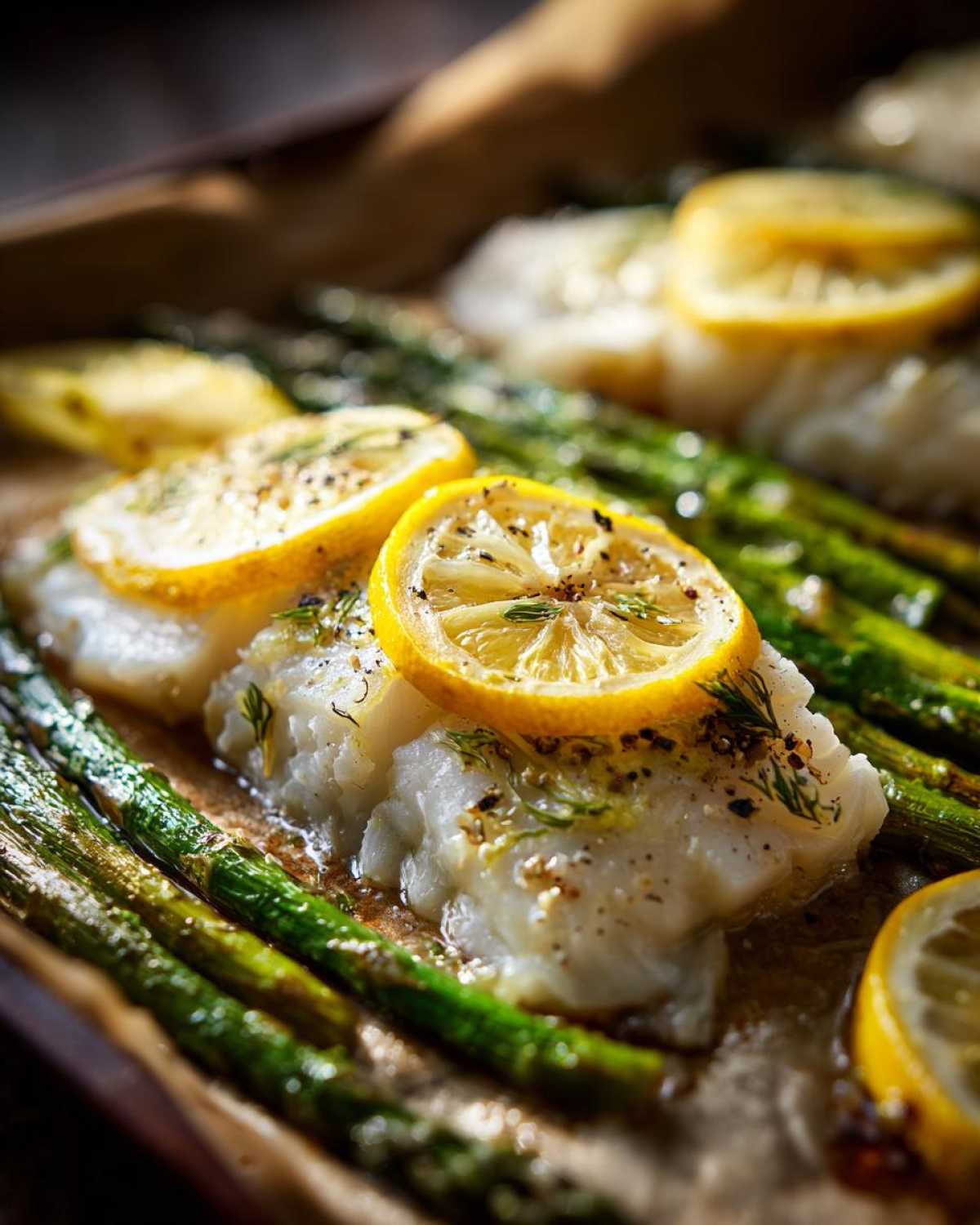 Close-up of flaky Sheet Pan Lemon Herb Cod fillets baked with bright green asparagus and topped with lemon slices.