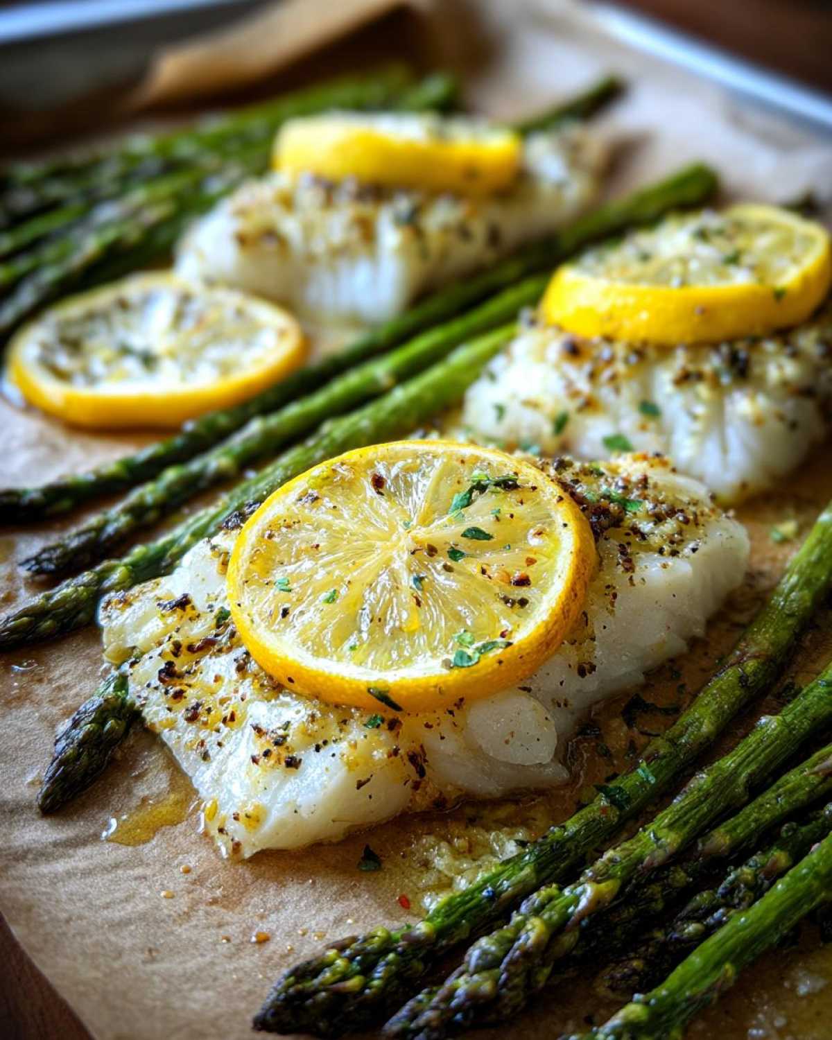 Close-up of flaky Sheet Pan Lemon Herb Cod with asparagus spears and lemon slices.