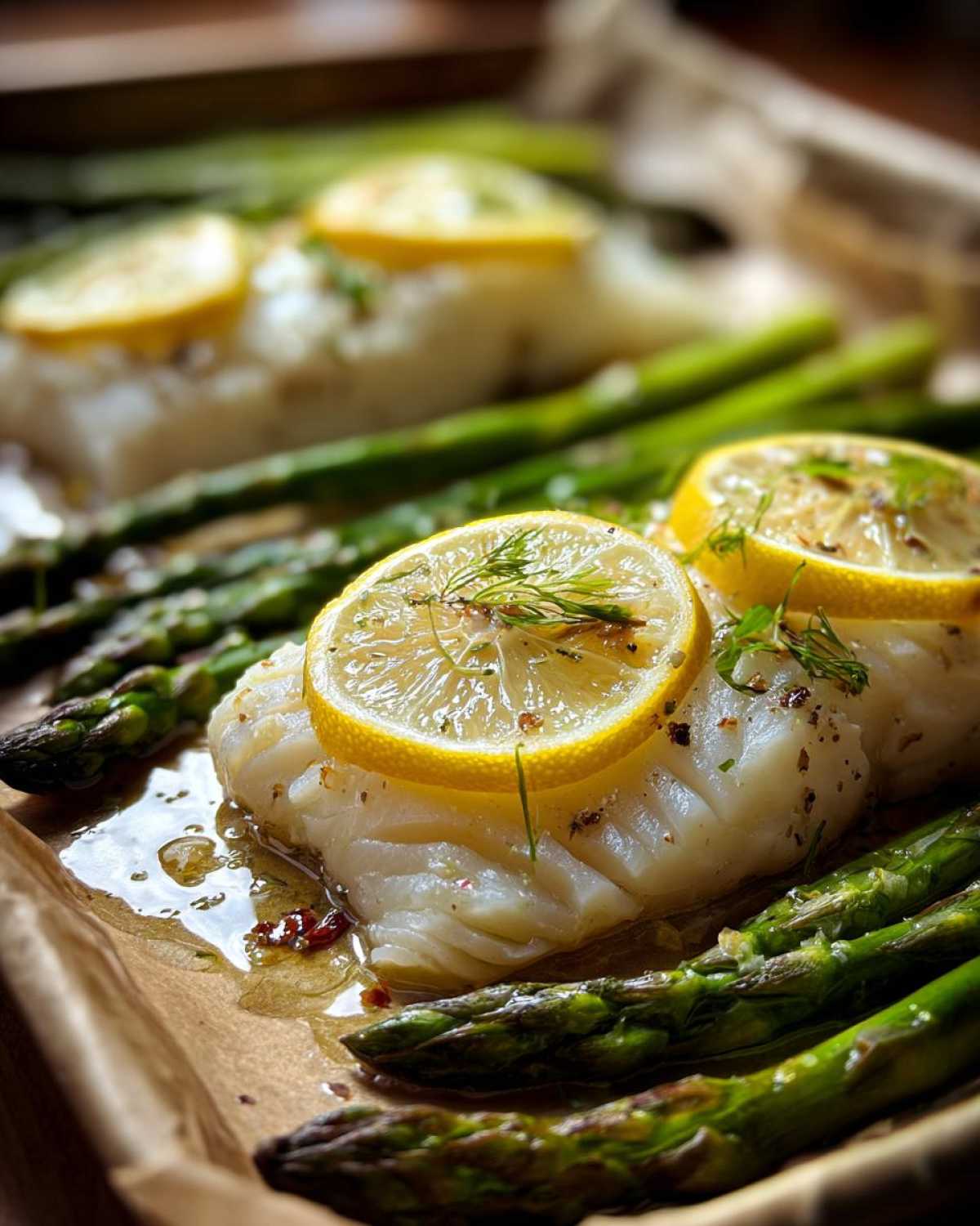 Close-up of flaky Sheet Pan Lemon Herb Cod topped with lemon slices and dill, surrounded by roasted asparagus.