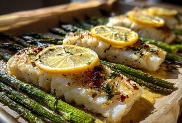 Close-up of flaky Sheet Pan Lemon Herb Cod fillets topped with lemon slices and served alongside roasted asparagus.
